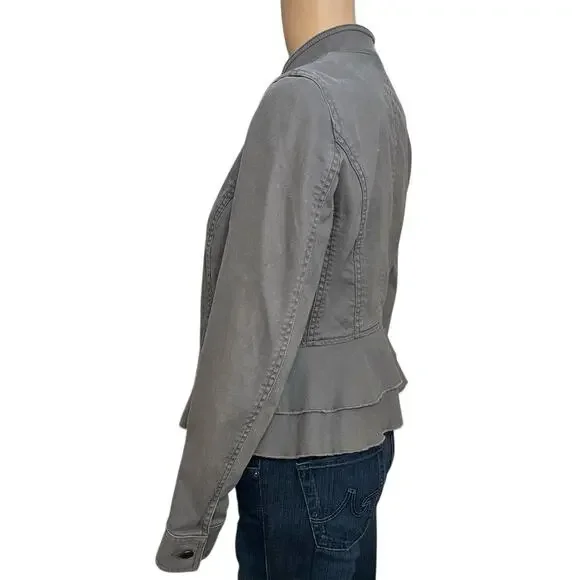 Ann Taylor Loft Military Style Denim Jacket 0 Gray Double Breasted Button Ruffle - Picture 3 of 8